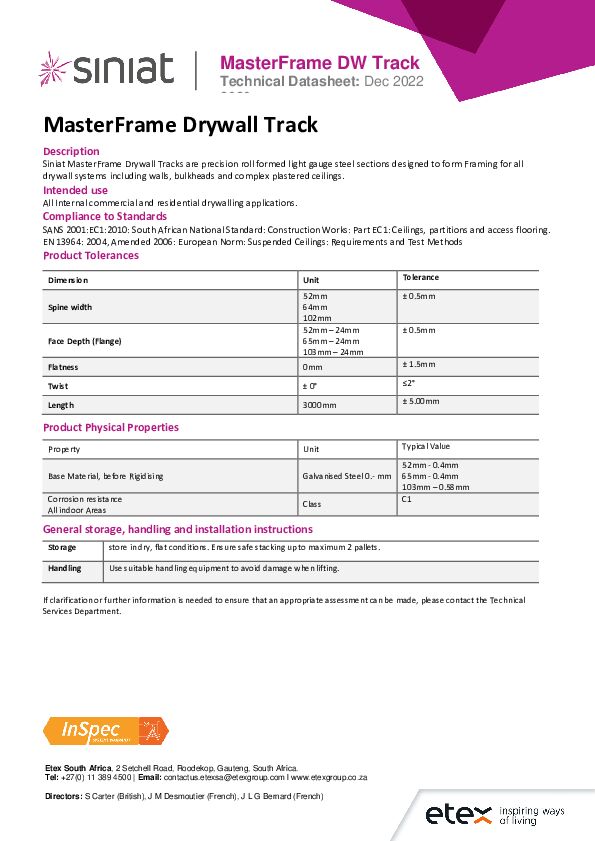 Siniat MasterFrame Drywall Track TDS 