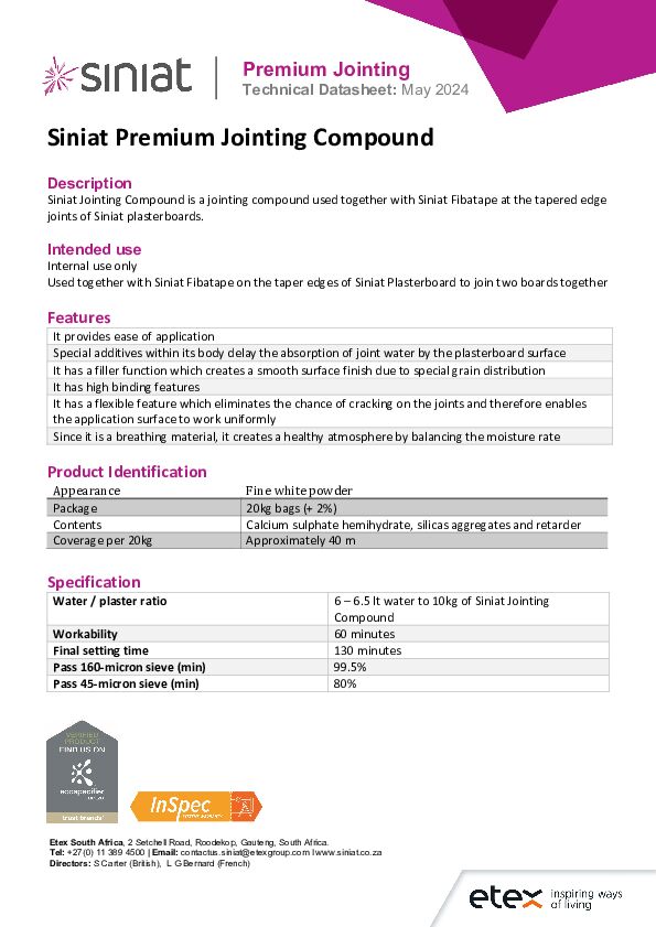 2024 Siniat Premium Jointing Compound TDS - InSpec and EcoSpecifier