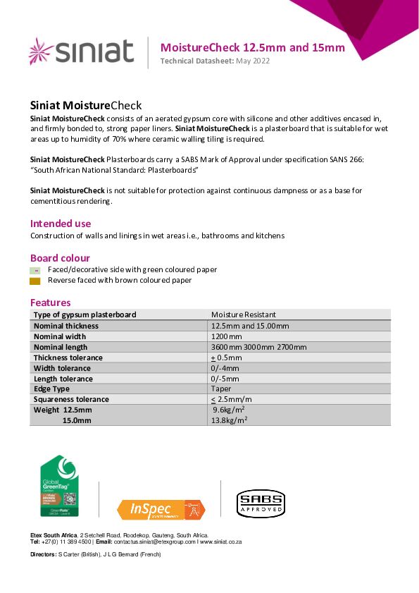 Siniat MoistureCheck 12 and 15mm TDS