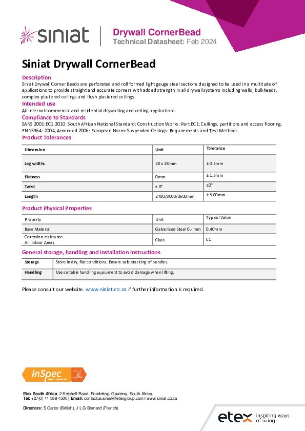 Siniat Drywall Corner Bead TDS 